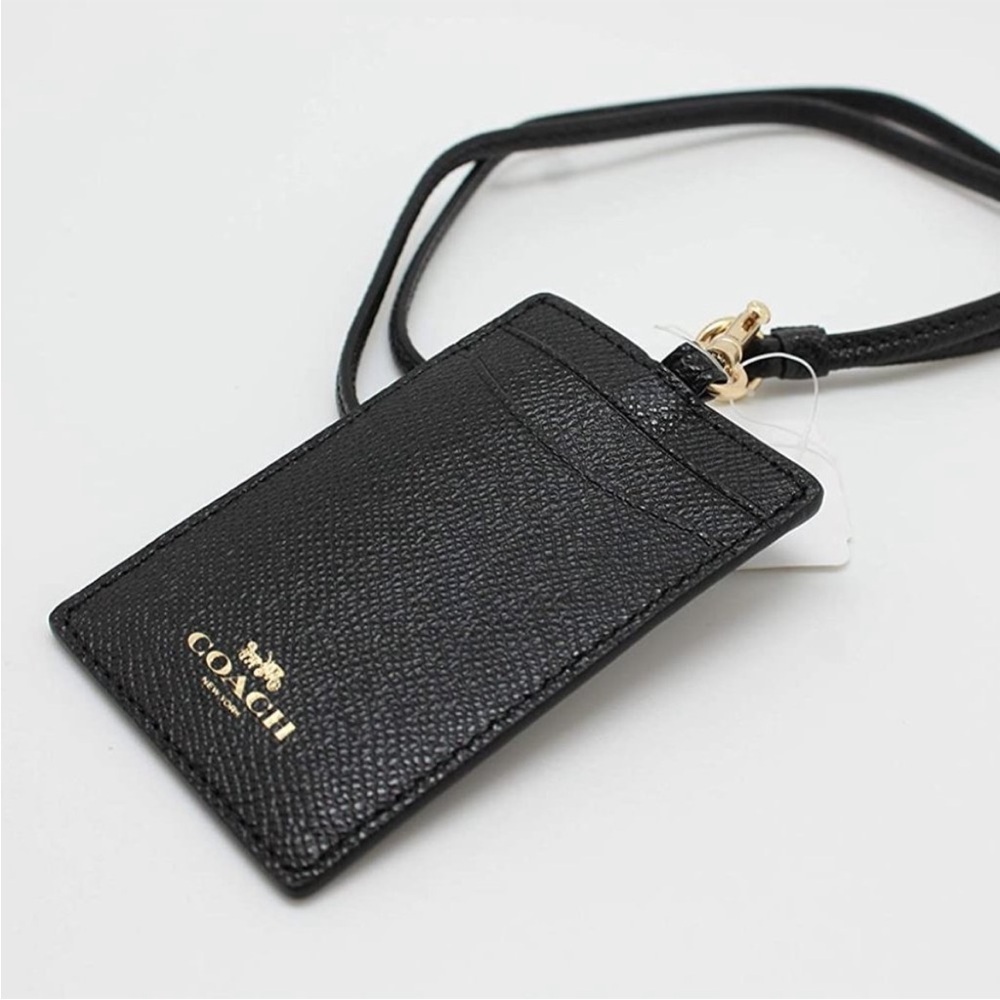 COACH Id Lanyard Black Gold Logo Crossgrain leather Credit Card Slots NEW
